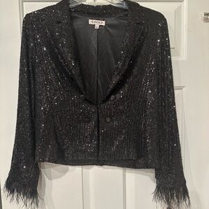Nanette Lepore Sequin Blazer w/ Ostrich Feather Trim – NWT – Size Large
